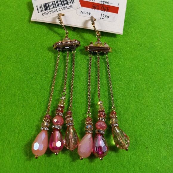 NWT Macy's Gold tone Dangling Pink Beaded Earrings - Picture 1 of 5
